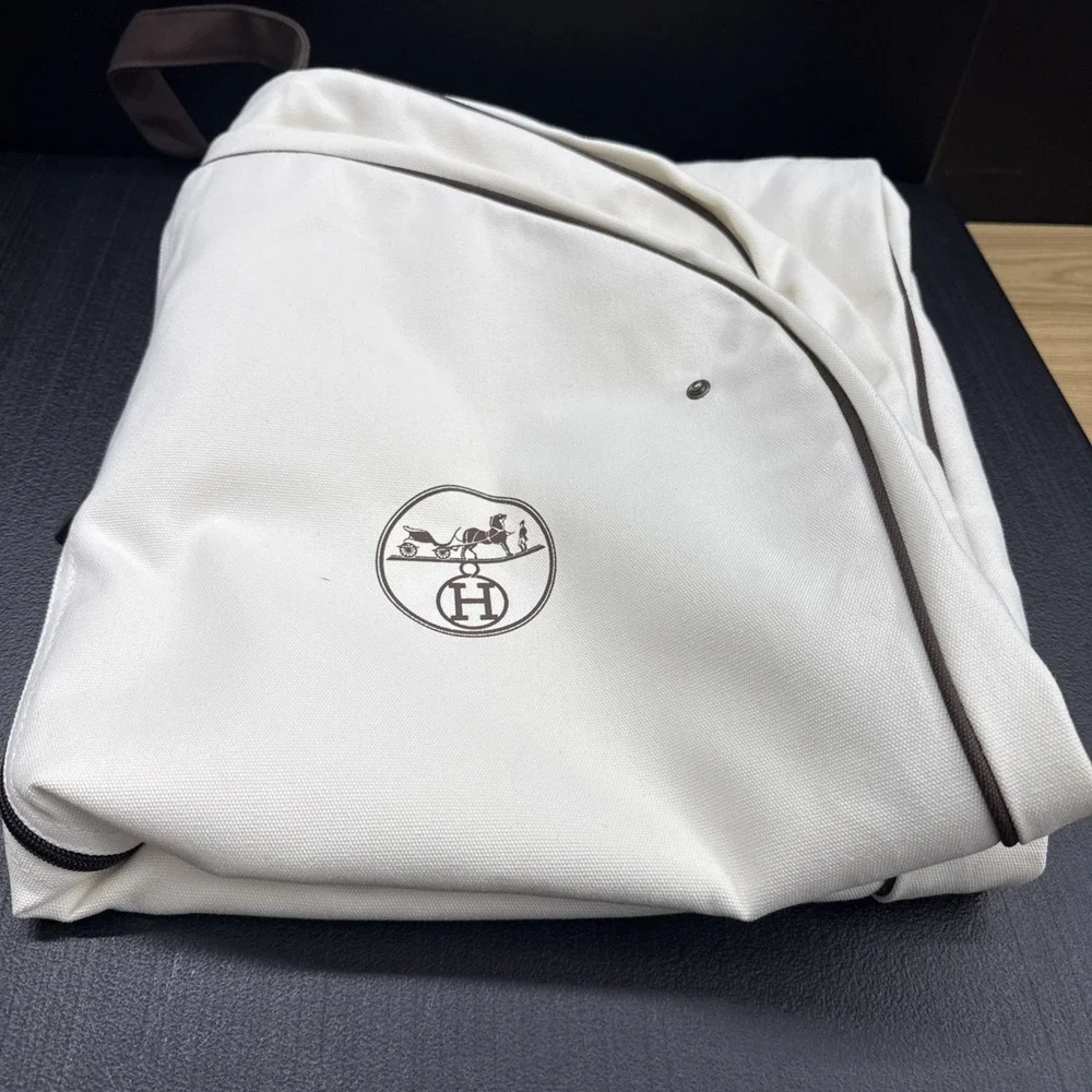 Hermès White Garment Bag Brown Trim Logo Zipper Closure Handles large 61x26 - Picture 5 of 5